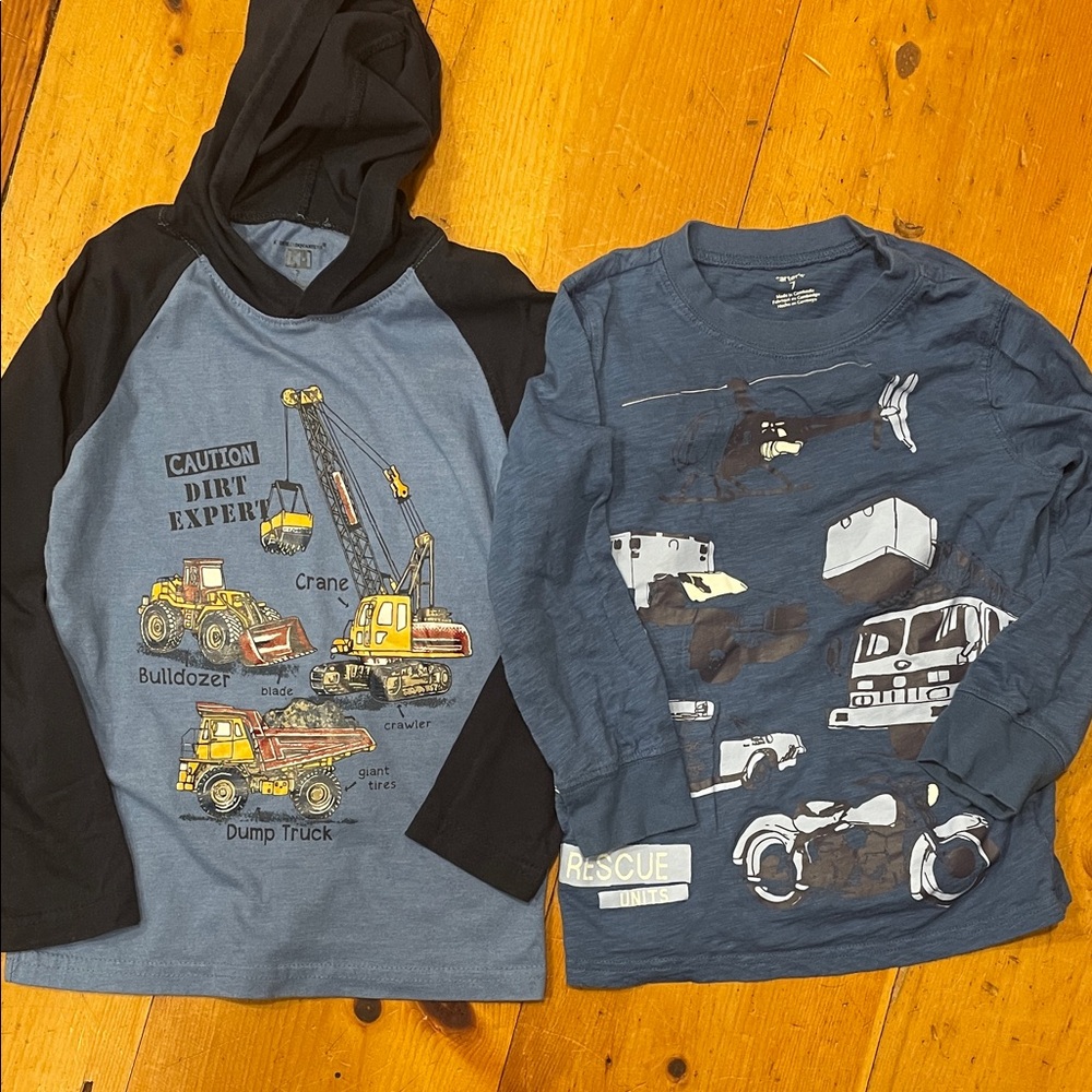 2 Long sleeve shirts Carter's Blue Construction Hoodie & Rescue Vehicles Sz 7